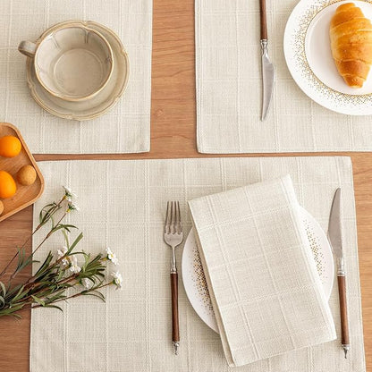 Linen Checked Placemats Set of 6, Ivory Rustic Place Mats 12x18 Inch | Raised - Image 3