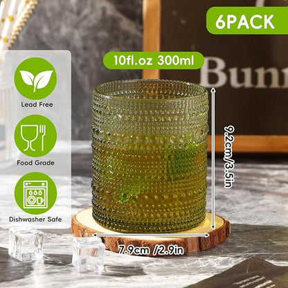 Moretoes 10oz Green Hobnail Drinking Glasses Set of 6 Cocktail Glasses | - Image 3