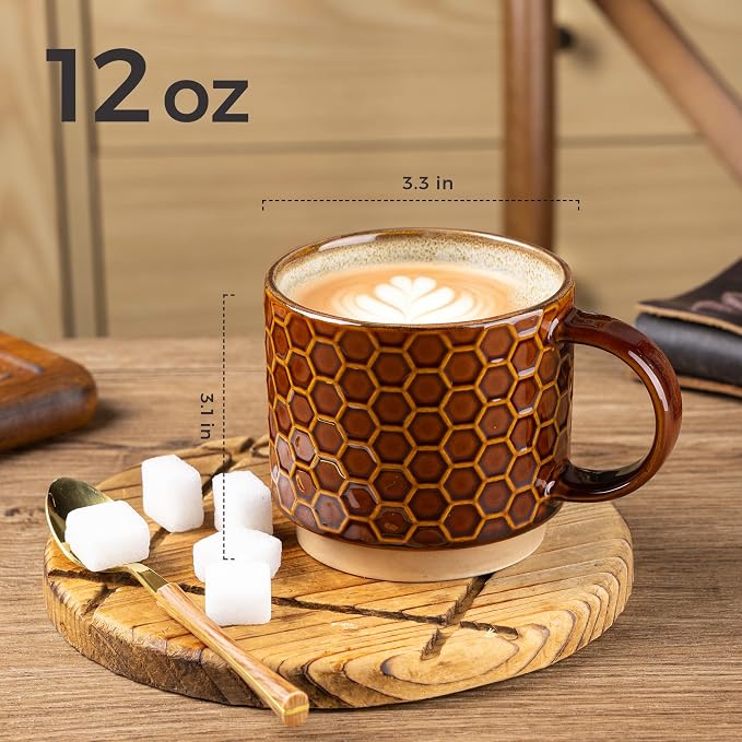 GBhome 12 OZ Stackable Coffee Mugs Set of 4, Ceramic Coffee Cups Set | 4 - Image 2