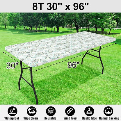 Smiry Rectangle Table Cloth Cover, Waterproof Elastic Fitted Picnic Tablecloth for 8 Foot Tables, Wipeable Flannel Backed Vinyl Tablecloths for Camping, Dining, Outdoor (Teal & White, 30" x 96")