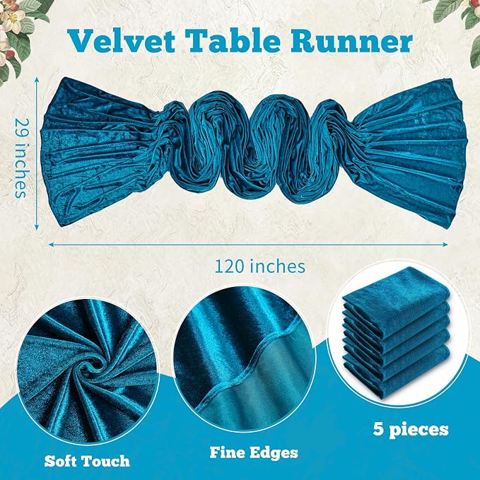 Peacock Blue Velvet Table Runner 29x120 Inch Luxury Retro Thick Runners | 5 - Image 3