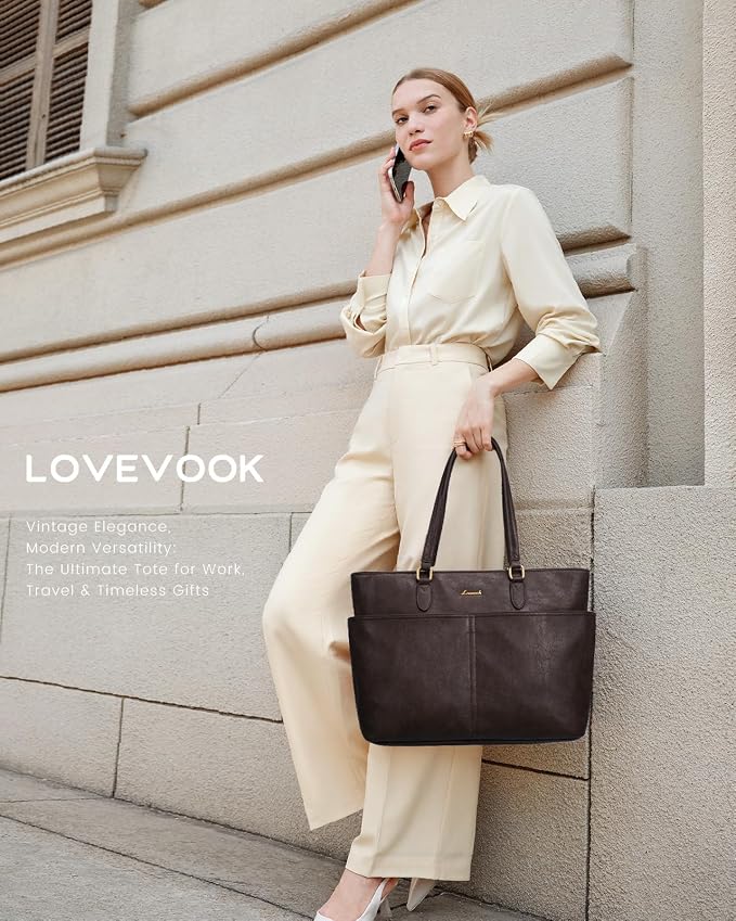 LOVEVOOK Work Tote Bags for Women, Vintage Leather 15.6 Inch Laptop Bag - Image 2