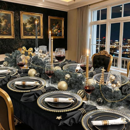 KIRE 100PCS Black and Gold Plates - Black Plastic Plates Disposable with Gold Rim for Halloween Party/Wedding/Birthday Include 50Pcs 10.25inch for Dinner and 50Pcs 7.5inch for Dessert/Salad