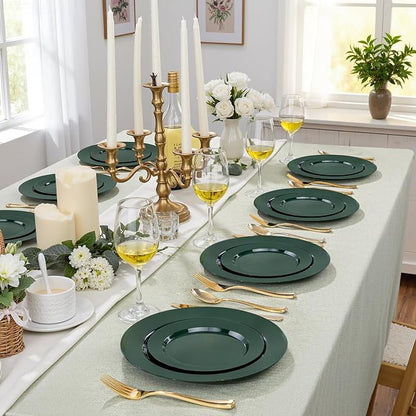 FLOWERCAT 200PCS Dark Green Plastic Plates Disposable Plates for Party - Heavy Duty Plastic Plates - 10" &7" Plate for 100 Guests New Year Parties and Events