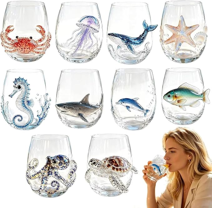 Set of 10 Ultimate Marine Kingdom 3D Ocean Animal Glassware Set | Unique by Unknown