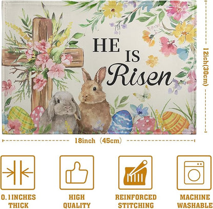 He is Risen Easter Placemats Set of 4 12x18 Inch Bunny Floral Cross Table Mats Spring Rabbit Flowers Eggs Place Mat for Dining Table Party Kitchen Decoration