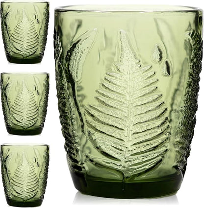 Green Drinking Glasses Set of 4, 10 oz Glass Cups, Vintage Fern Glassware | by QELVIO