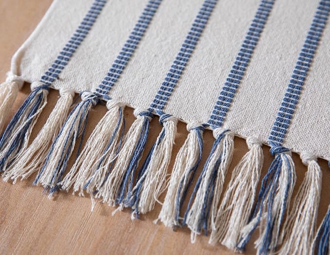 Caflife Boho Table Runner 60 Inchs Long Blue and Beige, Cotton and Linen Woven - Image 4