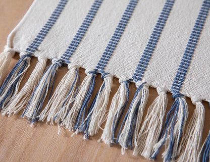 Caflife Boho Table Runner 60 Inchs Long Blue and Beige, Cotton and Linen Woven - Image 4