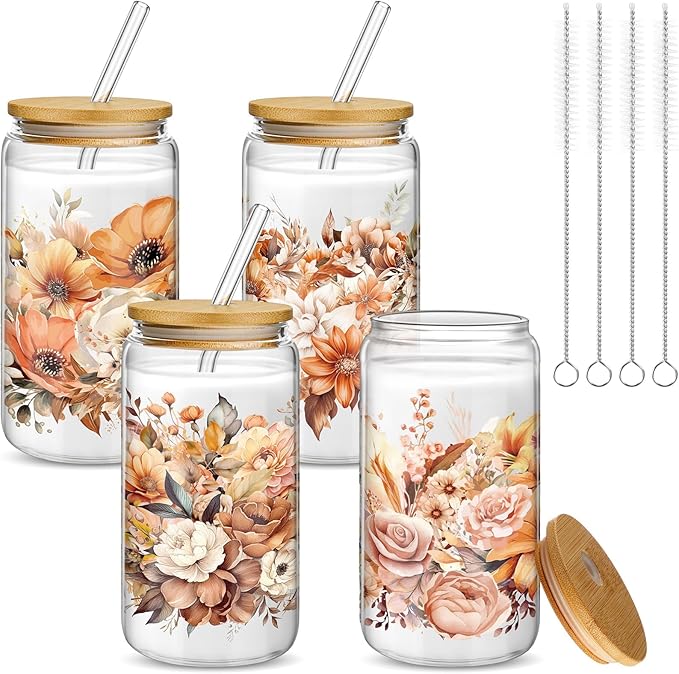 Mumufy 4 Pack Wildflower Glass Cups Gift Aesthetic Cute Glass Cup Tumbler by Mumufy