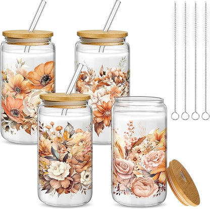Mumufy 4 Pack Wildflower Glass Cups Gift Aesthetic Cute Glass Cup Tumbler by Mumufy