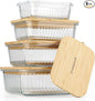 Ribbed Glass Tupperware Set with Bamboo Lids - 4 Stackable Meal Prep Containers. Durable heat resistant Inert Borosilicate Glass