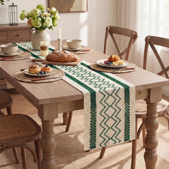 Artoid Mode Forest Green Stripe Diamond Woven Table Runner 12x108 Inch | - Image 5