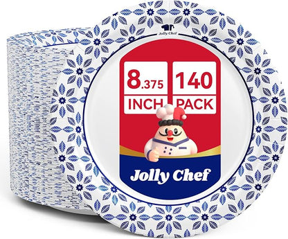 8.37 inch Disposable Paper Plates 140 Count Soak Proof, Cut Proof, Heavy Duty by JOLLYCHEF