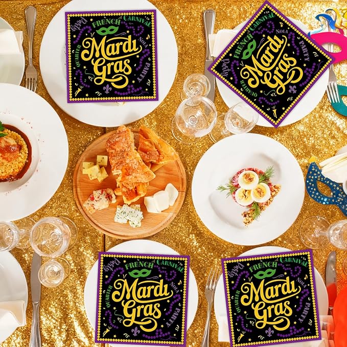 Mardi Decorations for Gras Party - 50PCS Mardi Party Gras Napkins Supplies Disposable, Fat Tuesday Carnival Paper Napkin Decor (Size 6.5 Inch)
