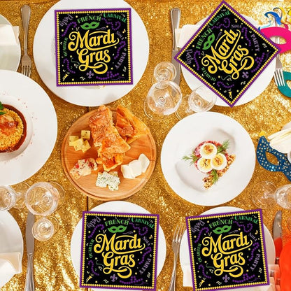 Mardi Decorations for Gras Party - 50PCS Mardi Party Gras Napkins Supplies Disposable, Fat Tuesday Carnival Paper Napkin Decor (Size 6.5 Inch)