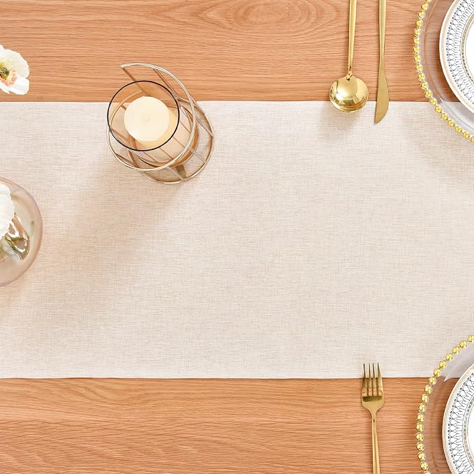 Faux Linen Table Runner Water Resistant 13 x 60 in, Neutral | Farmhouse Rustic - Image 7