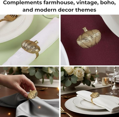 ALPHA Living HOME Set of 12 Pumpkin Napkin Rings Premium Metal Fall Harvest Table Decor Thanksgiving Dinnerware Holders, Autumn & Halloween Table Setting Accessories (Gold)