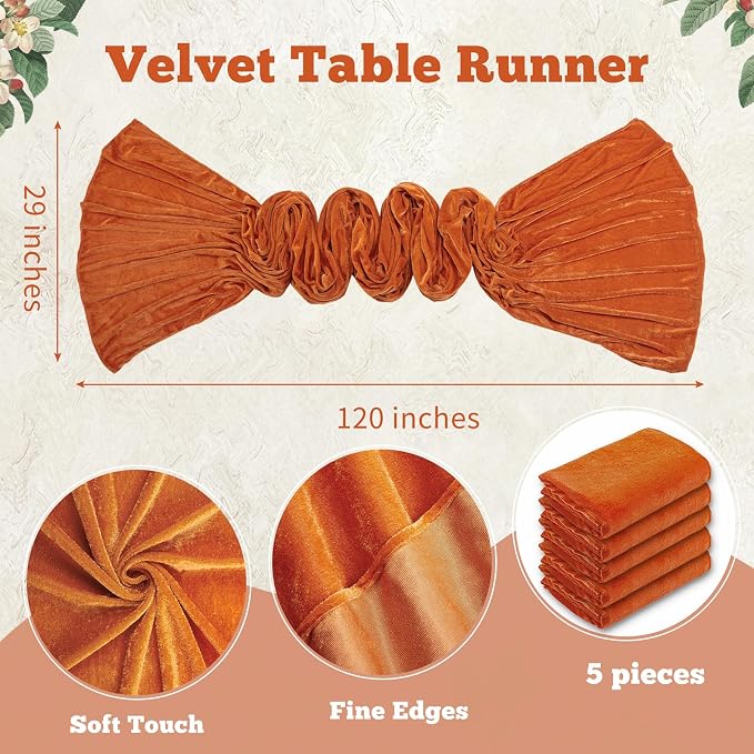 Orange Velvet Table Runner 29 x 120 Inches Fall Halloween Runners | 5 Pieces - Image 2