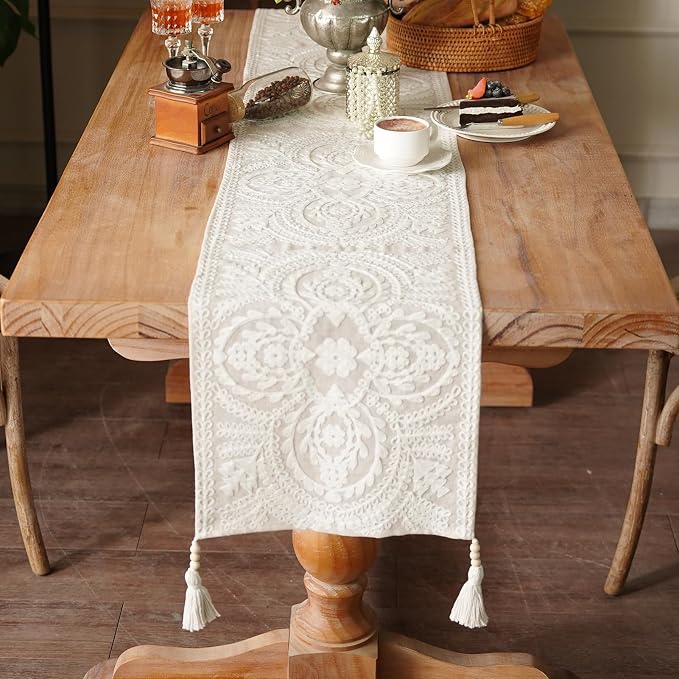 Long Table Runner Embroidered Rustic Decor, 4 Tassel Pendants, Holiday Display - Image 3