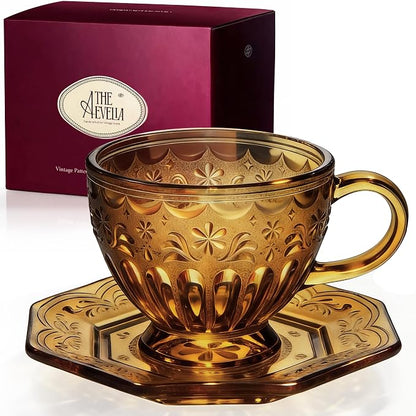 Vintage Glass Tea Cup and Saucer Set, 12 oz Large Coffee Cup | Handcrafted by Unknown