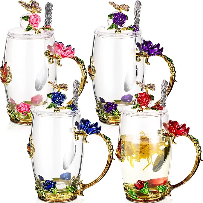 Nuanchu 4 Sets Flower Glass Tea Cups by Nuanchu