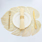 Evevda Gold Leaf Shaped Vinyl Placemats for Dinner Table Set of 6 Metallic Plastic Gold Place Mats Wipeable 6Pcs Table Mats for Wedding Annersary Dinner Table Decoration Mats(17.7x13.8inch/45x35cm)
