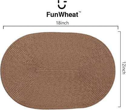 FunWheat Oval Braided Placemats Set of 6 Table Mats for Dining Tables Washable Heat Resistant Place Mats for Indoor Outdoor Use 12 x18 Inch(Oval Light Brown, 6pcs)
