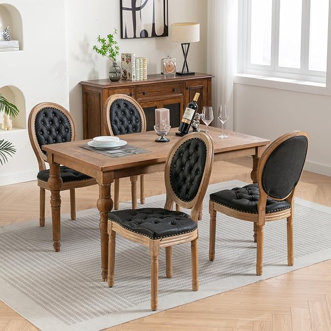 Vintage French Dining Chairs Set of 4, Round Back PU Leather Upholstered Side Chairs with Nailhead Trim and Solid Wood Frame, Sillas de Comedor for Dining Room & Kitchen, Black