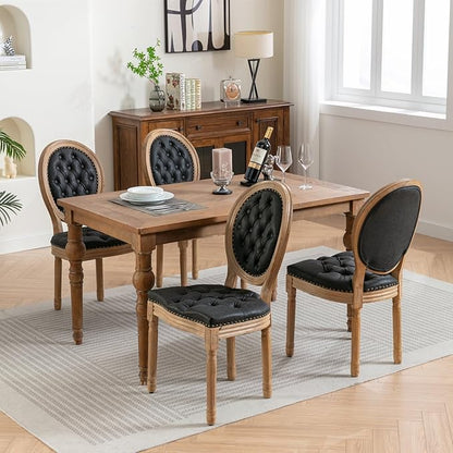Vintage French Dining Chairs Set of 8, Round Back PU Leather Upholstered Side Chairs with Nailhead Trim and Solid Wood Frame, Sillas de Comedor for Dining Room & Kitchen, Black