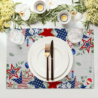 4th of July Placemats Set of 4 Patriotic America Flag Stars Rectangle Table Mats 12x18 Inch Country Rustic Holiday Kitchen Dining Home Outdoor Party Table Decoration