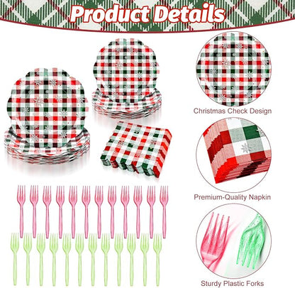 96 Pieces Christmas Plaid Tableware Set – Red and Green Checkered Disposable - Image 3