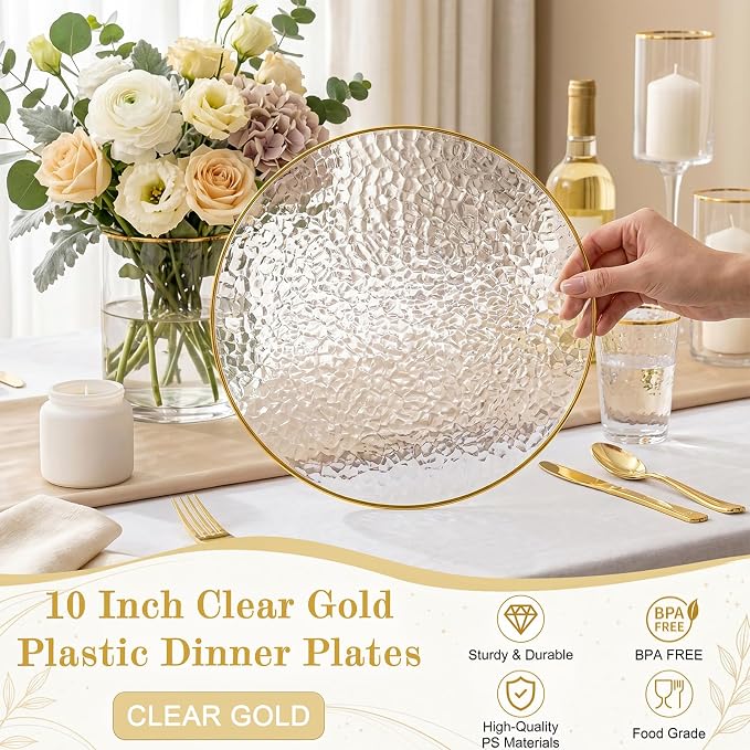 Rubtlamp 100 Pcs Gold Plastic Plates, 10 inch Clear Gold Dinner Plates - Image 2