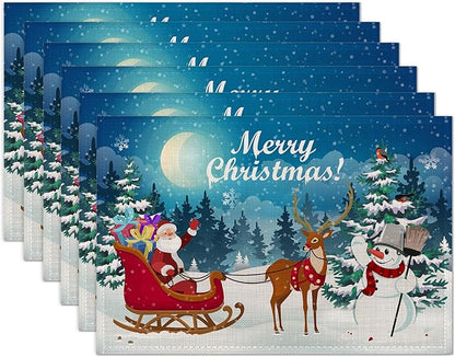 Christmas Santa Claus Deer and Snowman Placemats Set of 6 Washable Table Mats for Kitchen Dining Table,Heat-Resistant Place Mats for Indoor Outdoor Party Holiday Decoration