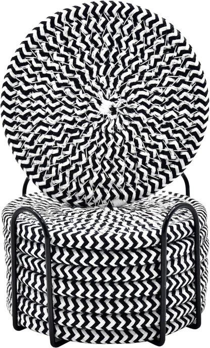 ABenkle 8 Pcs Drink Coasters with Holder, Cotton Woven Absorbent Coasters for Drinks, Minimalist Home Decor Coaster Set for Wooden Tabletop Protection Table, 4.3 inches