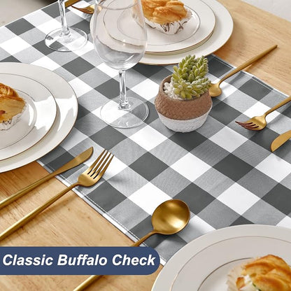 Buffalo Plaid Table Runner Grey and White 14W x 60L, 1 Piece | Waterproof - Image 2