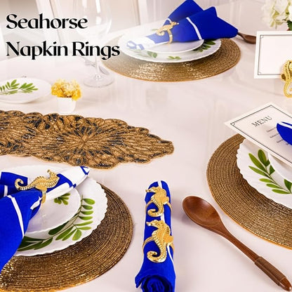 Seahorse Napkin Rings Set of 12, Metal Napkin Holders, Serviette Rings for Coastal, Nautical, Beach, Ocean Theme Table Decor, Wedding Decorations, Summer Party (Gold) - ALPHA Living HOME