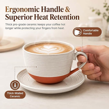12 Oz Cappuccino Cups with Saucers, Coffee Cups Set of 4, Ceramic Tea Cup and - Image 4