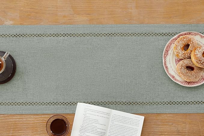Rustic Burlap Table Runner, Machine Washable, Thick Textured Lattice Cutwork - Image 2