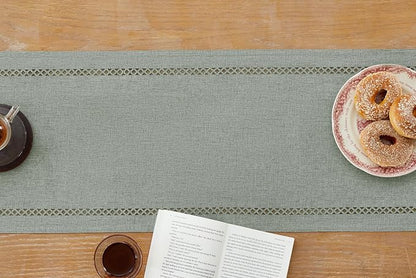 Rustic Burlap Table Runner, Machine Washable, Thick Textured Lattice Cutwork - Image 2