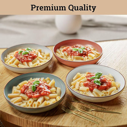 Pasta Bowls Set of 4 - Large 30 oz Bowls - Stylish Ceramic Plates - Safe for Oven, Microwave & Dishwasher - Salad Bowl Set of 4 - Pasta Bowl Plates - Deep Plate with Lid Edge - Blates Dinnerware