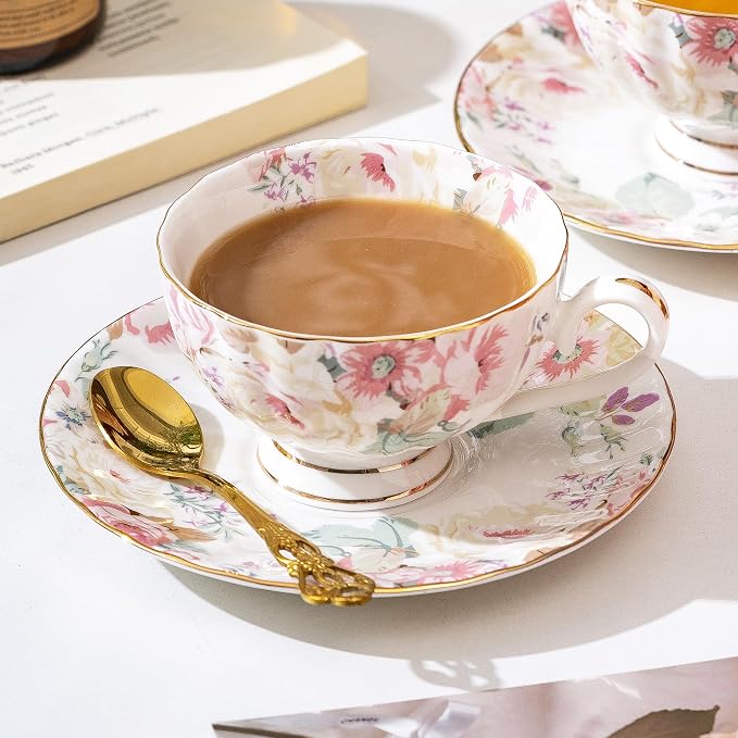 fanquare Pink Floral Tea Cup and Saucer Set - Image 4