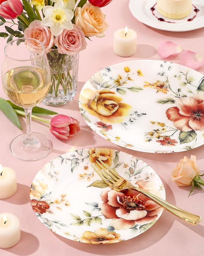 Morejoy 60pcs Floral Plastic Plates, Fancy Disposable Plates Sets | Heavy Duty - Image 2