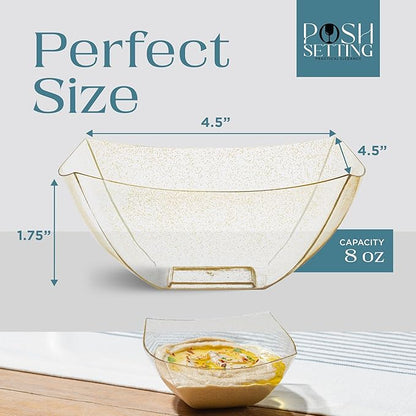 Posh Setting Gold Glitter Plastic Serving Bowls (8oz - 4 Pack) Square Disposable Containers for Party Table, Chips, Candy Buffet, and Salad