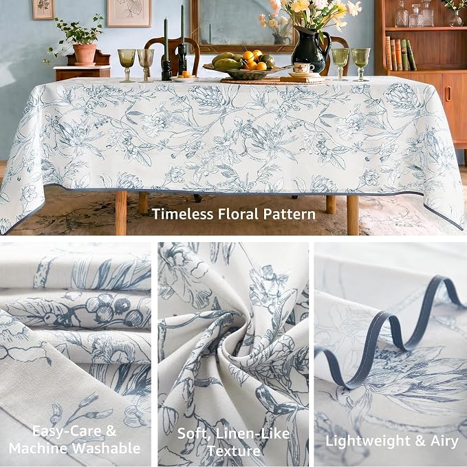 jinchan Blue Floral Linen Rectangle Table Cloth 50 x 84 Inch | Extended table - Image 3