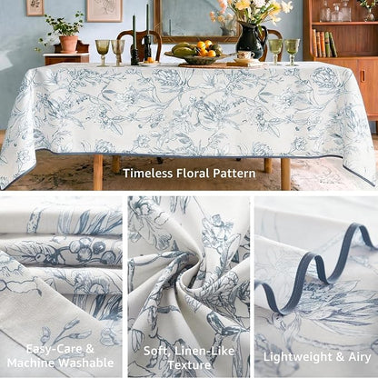 jinchan Blue Floral Linen Rectangle Table Cloth 50 x 84 Inch | Extended table - Image 3