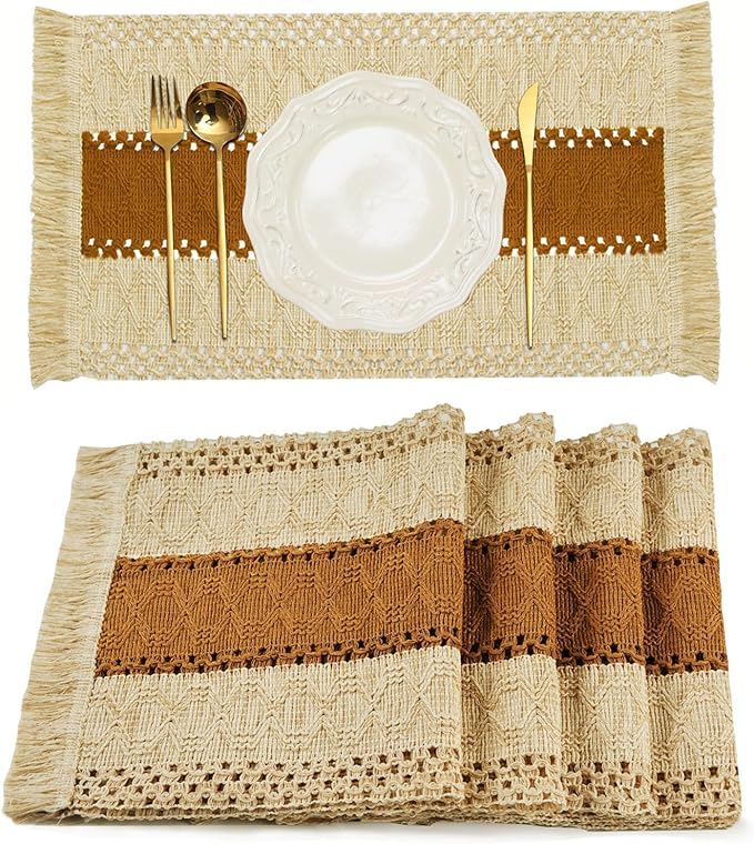 Boho Placemats Set of 4 Table Mats Farmhouse Dining Decor Caramel | 12x20" by FEXIA