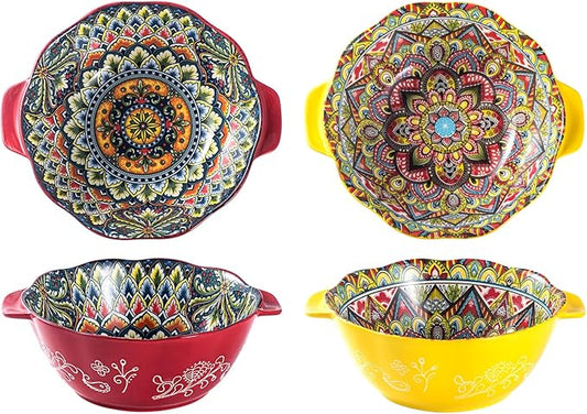 Henten Home Bohemia Large Bowls with Handle, 49 oz Ceramic Soup Bowl Set of 2, Porcelain Pho Bowl, Floral Noodle Bowls Set for Kitchen, Ramen, Udon, Microwave & Dishwasher Safe