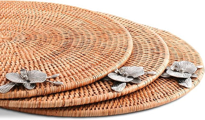 Vagabond House Round Wicker Placemats with Pewter Orchid Accent, Set of 4, 15.5 Inches Diameter - Hand-Woven Rattan, Elegant and Durable, Perfect for Enhancing Table Decor and Protection