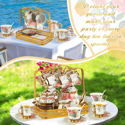 22 Pcs Porcelain Tea Set with Metal Holder, Vintage European Floral Tea Set - Image 6